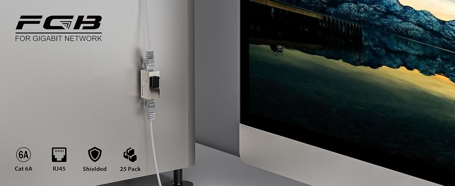 FGB Cat6a Shielded Keystone Coupler Female to Female Ethernet Keystone Coupler in Silver