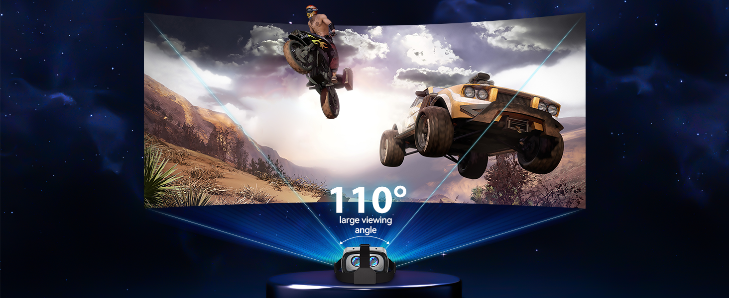 Gaming display advertisement showing a 110-degree ultra-wide view of an action scene with a person mid-air and an off-road vehicle jumping.