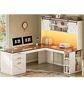 SEDETA 67" Farmhouse L Shaped Desk with Hutch, Home Office Desks with Drawers &amp; Sliding Doors, Co...