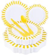 COLOSUS 150pcs Disposable Plastic Plates and Silverware set, Mother's Day Yellow Printed Dinner/D...
