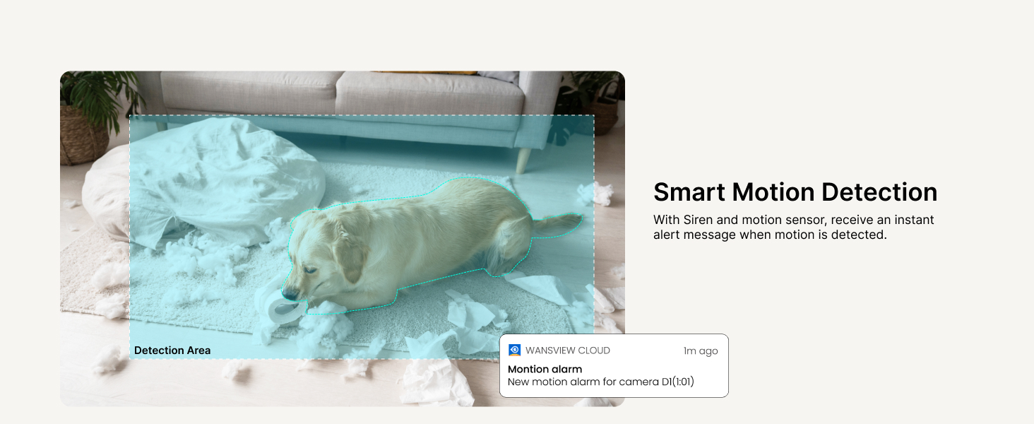 Security camera interface showing smart motion detection. Blue overlay highlights detected movement area on a bed with pillows and blankets.