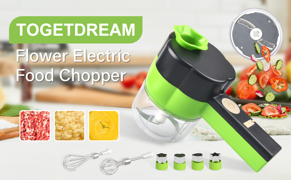 Electric food chopper with green and black design. Features multiple blades and attachments for various chopping tasks. Shown with samples of chopped vegetables and fruits.