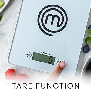 Close up shot highlighting the tare function on the digital kitchen scale