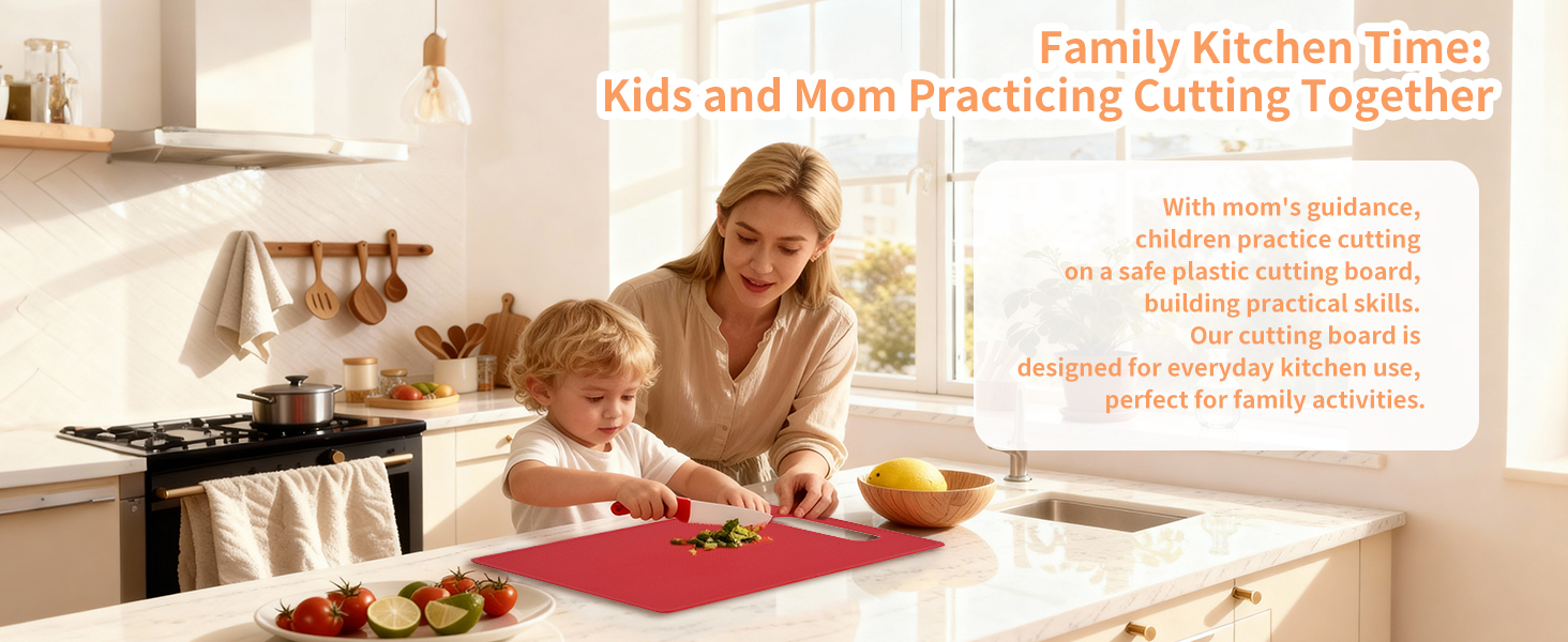 Plastic cutting board used by kids and mom for safe cutting practice, perfect for family activities