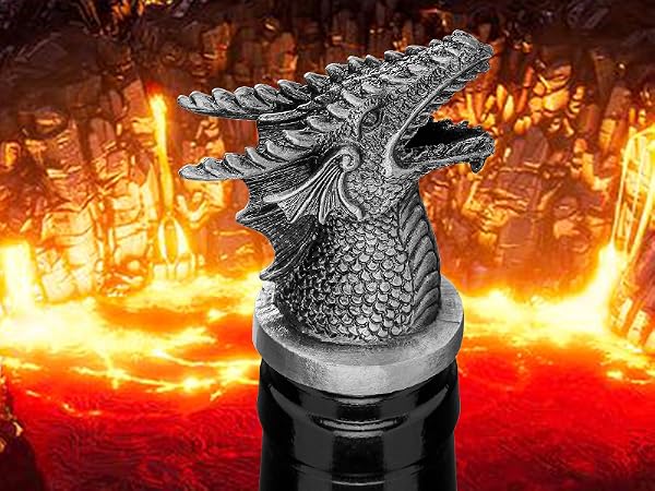 Metallic dragon head bottle stopper with detailed scales and fierce expression, shown against fiery background effect.