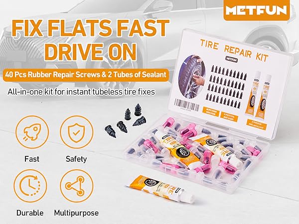 compact and complete all in one tire repair kit - 40 tire repair screws &amp; 2 tubes of sealant