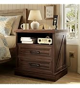 AODK 24 Inch Farmhouse Nightstand with Charging Station, Wood Bedside Table with 2 Drawers, Rusti...