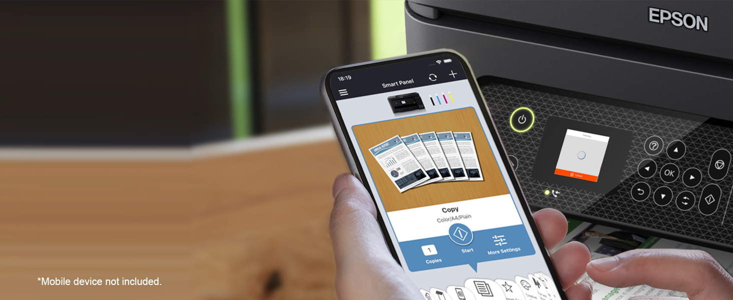 Person printing from their smartphone using Epson Smart Panel app.