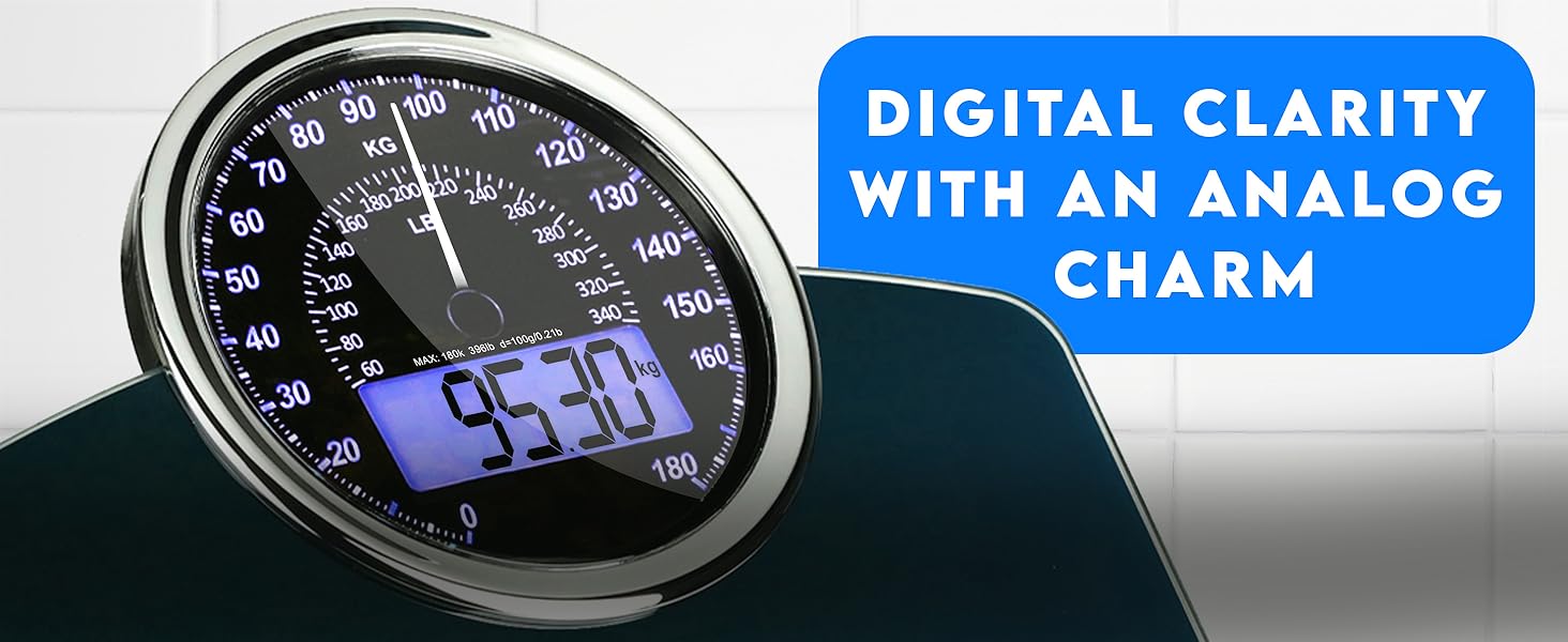 Text reads: 'DIGITAL CLARITY WITH ANALOG CHARM'. Shows digital clock display with blue illumination against black background.