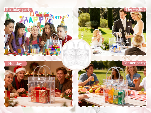 Collage of four photos showing children at outdoor party with gift boxes, balloons, decorated table setup, and group celebrations in garden setting.