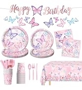 178 PCS Butterfly Birthday Party Supplies Disposable Paper Plates, Napkins, Cups, Cutlery, Tablec...