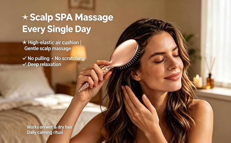 Woman massaging scalp with high-elastic air cushion hair brush, eyes closed relaxing.