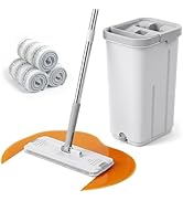 Mop and Bucket Set with Wringer, Flat Mops for Floor Cleaning, 4 Washable Microfiber Pads, Quick ...