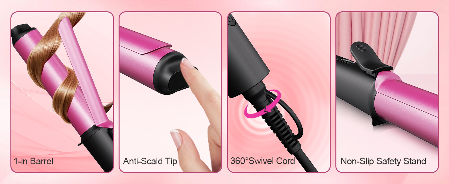 1-in barrel for natural curls ,Anti-Scald Tip , 360°Swivel Cord ,Non-Slip Safety Stand