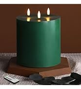 Eywamage Green 3 Wick Flameless Pillar Candle F 6" H 6", Giant Real Wax Flickering LED Candle wit...