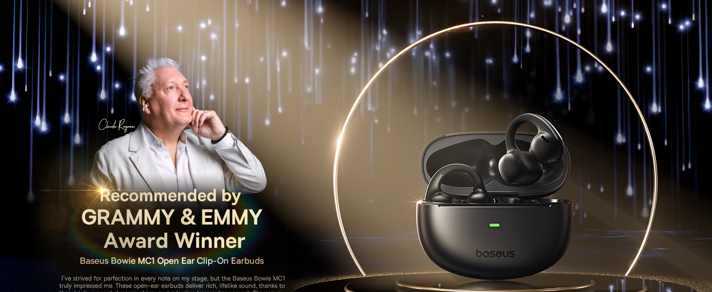 Black wireless earbuds in charging case with LED lighting effects and promotional text about awards in background.