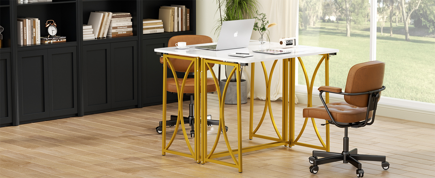 Two folding tables with chairs in a living room, beside a black bookshelf