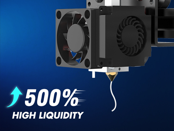 Black cooling fan unit with multiple vents, attached to a nozzle. Text overlay reads '500% HIGH LIQUIDITY' with an upward arrow.