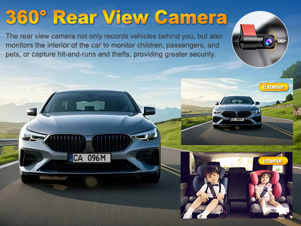 360-degree rear view camera system display showing vehicle backup views, with split-screen showing front and rear perspectives on road.
