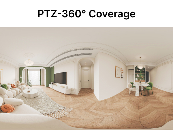 360-degree panoramic view of a modern living room with white walls, herringbone wood floors, cream colored sofa, and green accent wall with built-in shelving.