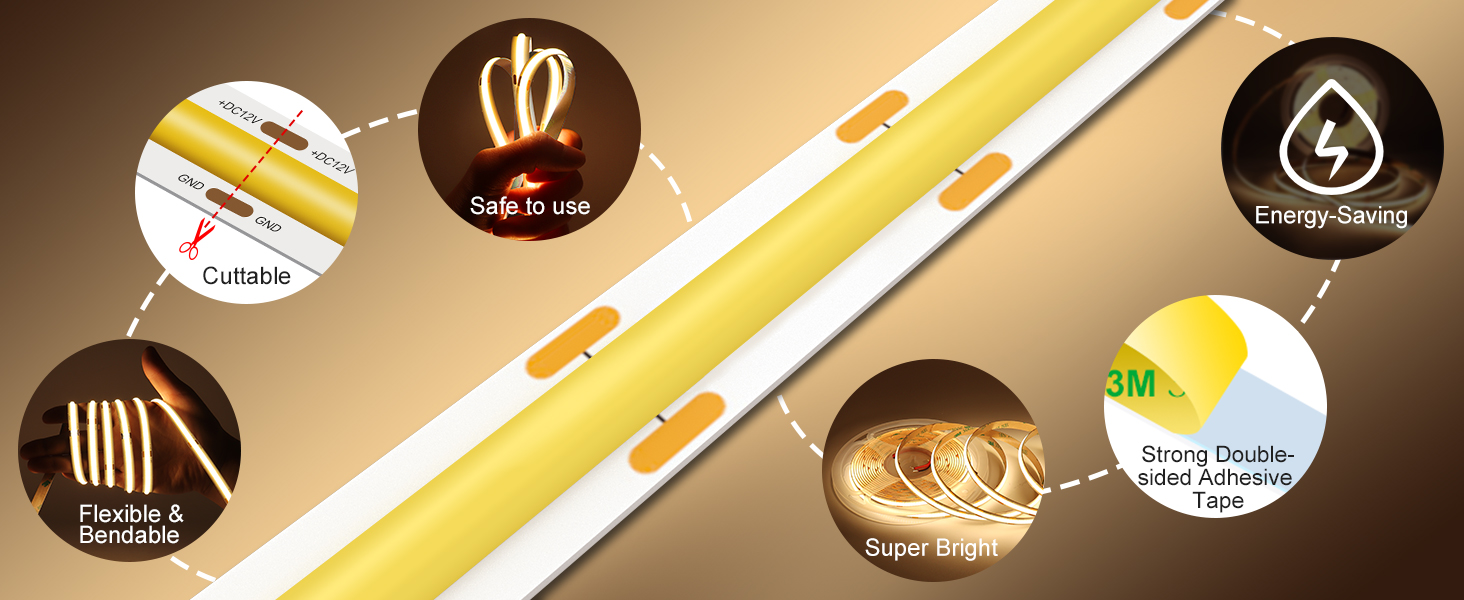 Infographic showing six circular icons highlighting product features, arranged on a gold and white gradient background with decorative lines.