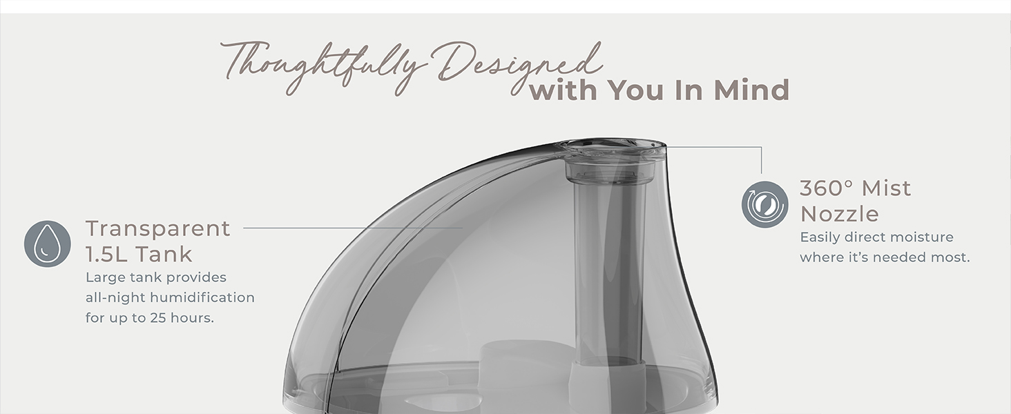 thoughtfully designed transparent tank night light 360 mist nozzle whisper quiet auto shut off
