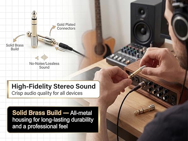 6.35mm to 3.5mm stereo adapter solid brass gold-plated for Hi-Fi sound.