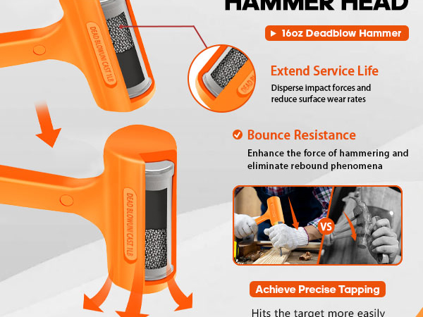 The 16oz deadblow hammer with the steel ball-filled hammer head increases striking force.