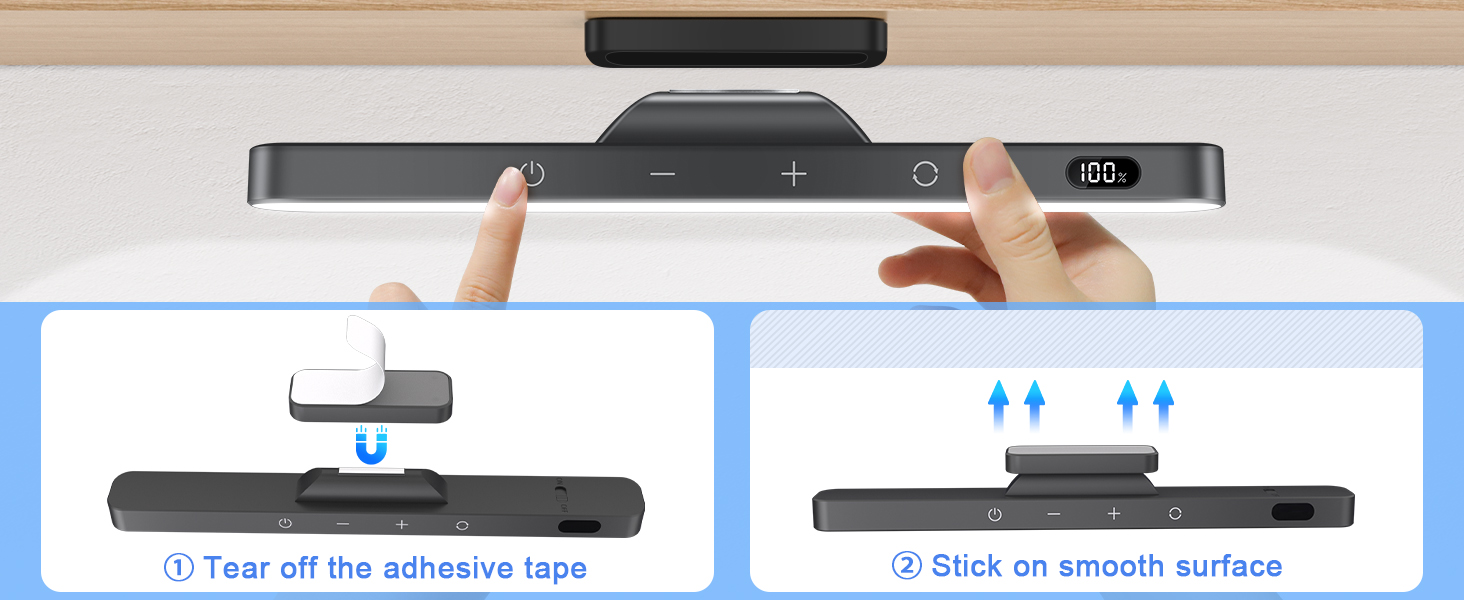 Slim electronic device with touch controls being installed on a desk edge. Installation instructions show removing adhesive tape and sticking to a smooth surface.
