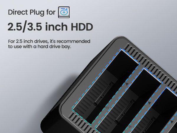 Direct plug adapter for 2.5/3.5 inch HDD. Partial view of black device with blue accents. Text describes compatibility with 2.5 inch drives.