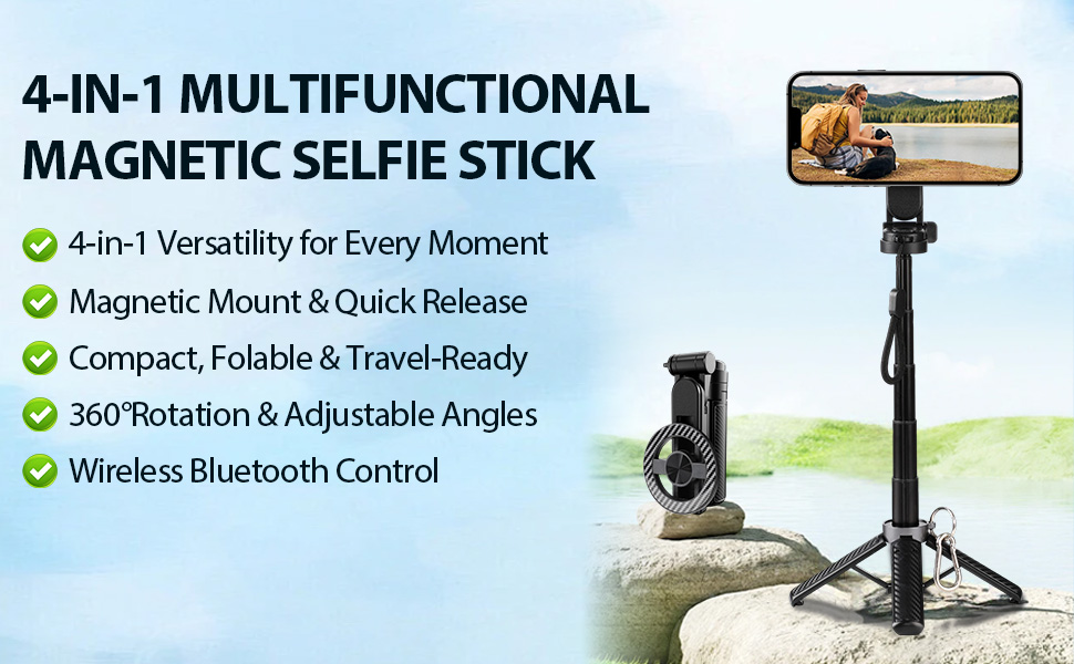 4-in-1 Multifunctional Magnetic Selfie Stick,Portable Pocket Size Selfie Stick for iPhone Magsafe