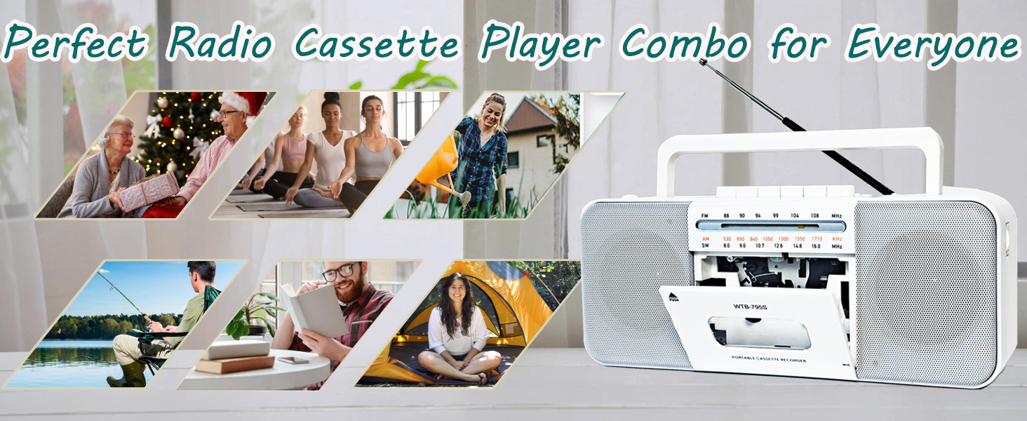 Portable radio cassette player with handle, showcasing its versatility through lifestyle images of people using it in various settings like outdoors, at home, and during holidays.