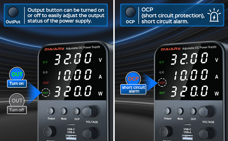 Variable DC power supply output function and short circuit protection function.