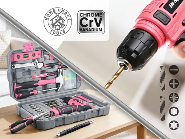 Hi-Spec 8V USB Pink Drill Driver and Home Tool Kit