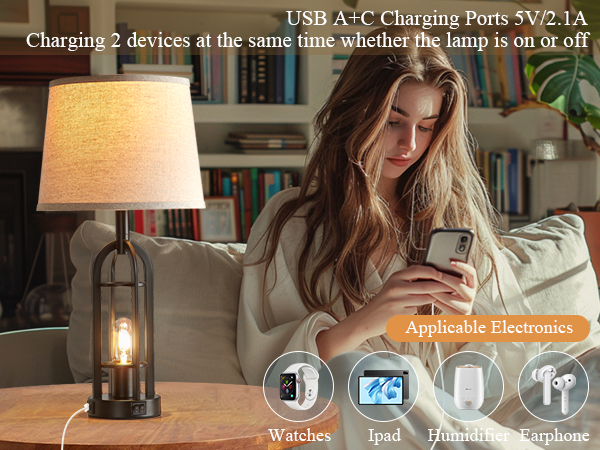 Table Lamps for Living Room Set of 2 Retro Farmhouse Nightstand Lamps with USB A+C Ports
