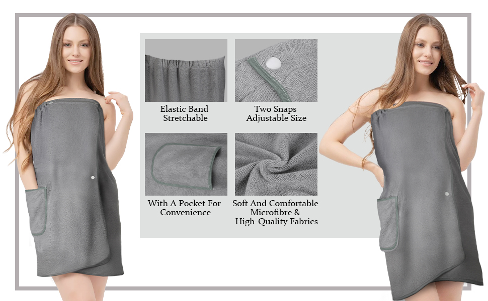 Gray towel wrap product showcase featuring four detail panels highlighting elastic band, pockets, adjustable size, and soft fabric features.