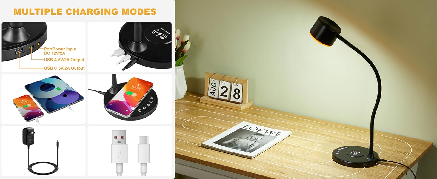 LED Desk Lamp with USB Charging Port Wireless Charger Small Lamp for College Dorm Room Home Office