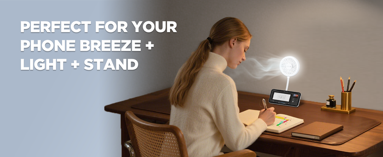 Portable Fan with 3-Level Ring Light and 360° Adjustable Stand, Hands-Free Phone Mount