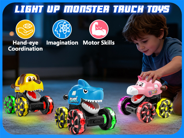 Monster Truck Toys for Kids Toddler, Press &amp;amp; Go Light Up Wheels Car Toys Chomping Mouth Truck Toy