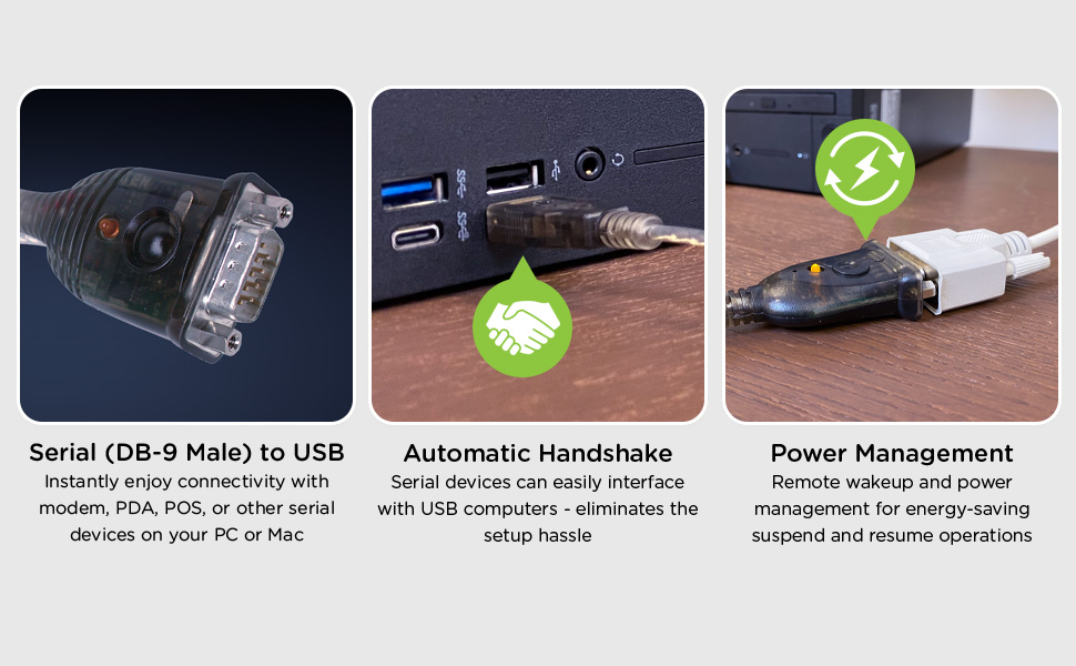 Serial DB-9 Male to USB, Automatic Handshake, Power Management