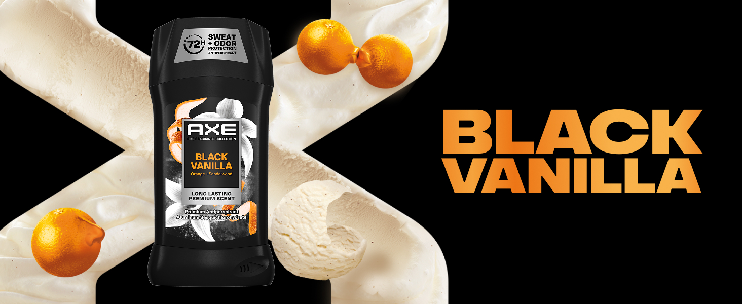 Black Vanilla Antiperspirant Stick on top of X-shape made of vanilla ice cream with oranges nearby.