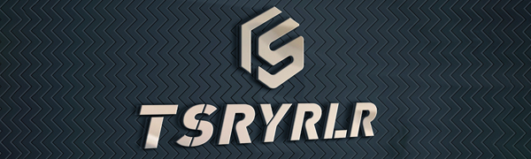 Metallic logo on a dark textured background. The logo shows 'TSRYRLR' in large letters with a hexagonal emblem above.