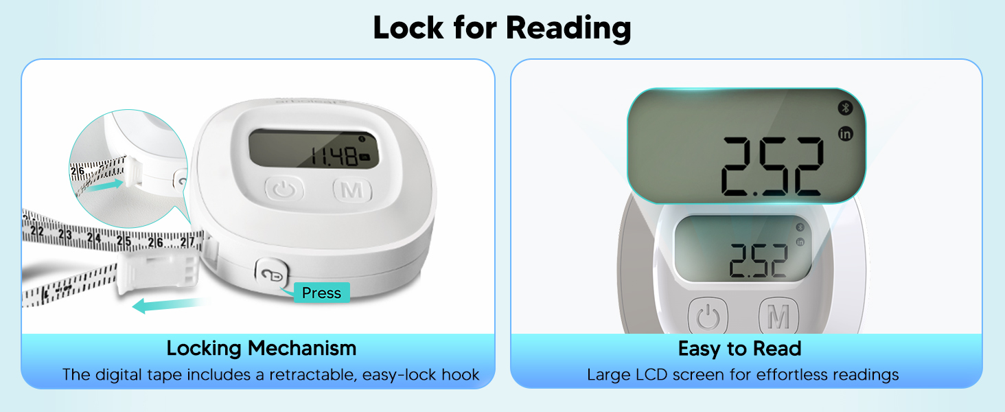 Tape measure body measuring tape with lock and LCD screen for easy use and accurate body readings.
