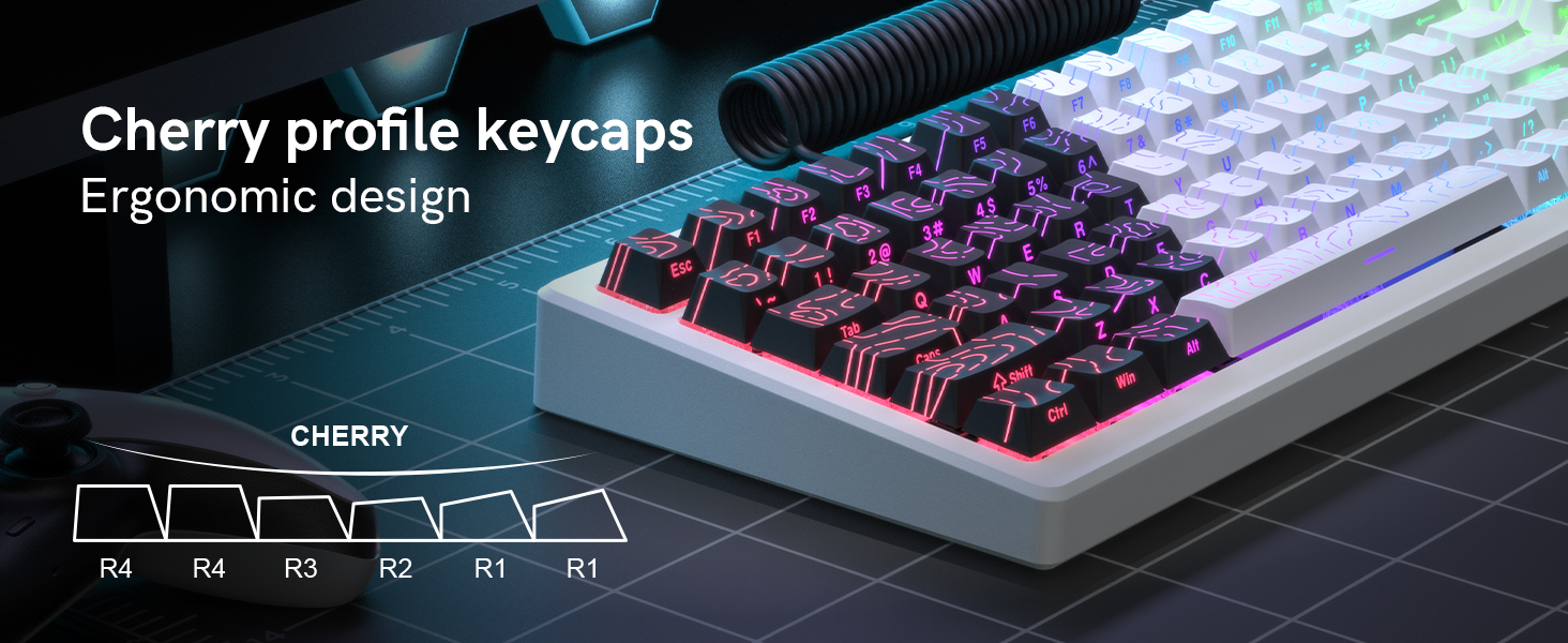 Double Shot PBT keycaps for Mechanical Keyboard,Black/White Topographic,Shine Through keycaps