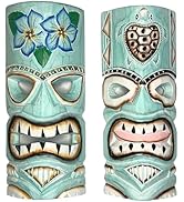 Set of 2 – Aqua Teal Tiki Mask – Unique Hand Carved Wall Hanging or Freestanding Sculpture – Trop...