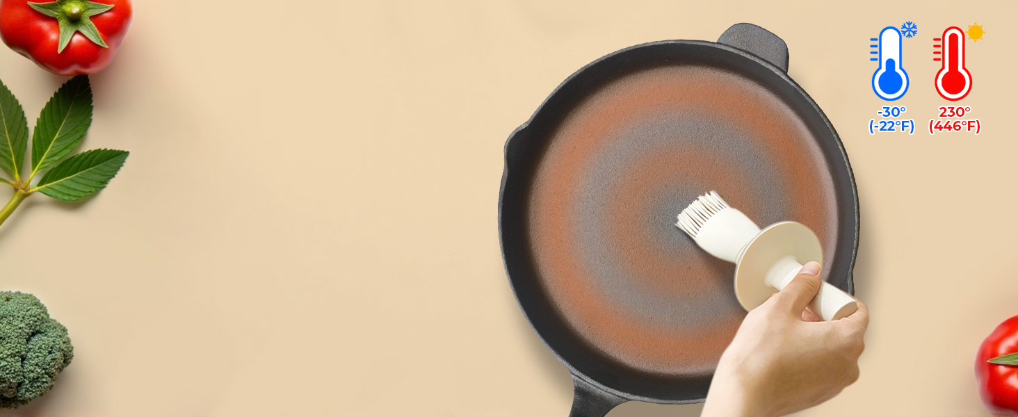 Non-stick frying pan with temperature-sensitive surface changing color. Hand applies oil with brush. Vegetables surround pan. Temperature icons indicate heat range.