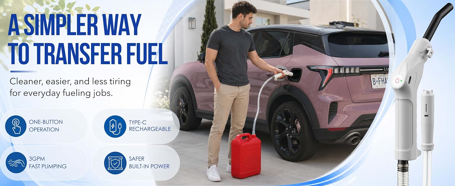 AUVEBY electric fuel transfer pump refueling an SUV with 3 GPM flow and Type-C charging