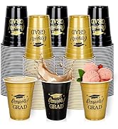 FYSUIMU 100Pcs 2025 Graduation Cups Bulk 16Oz Gold Black Plastic Cup Congrats Grad Disposable Dri...