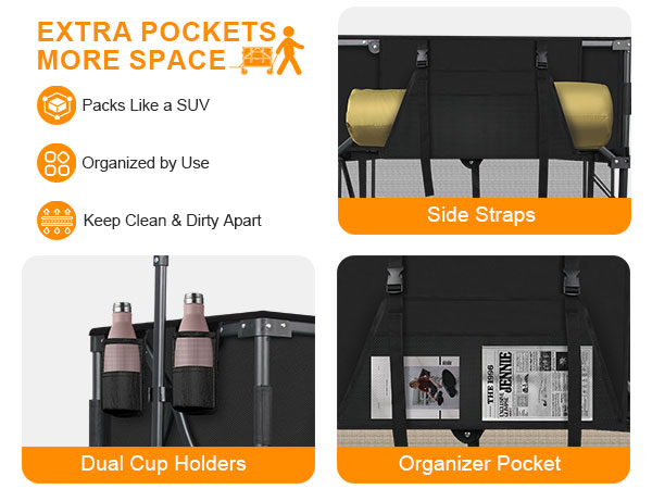 Double decker wagon storage: dual cup holders, side straps for long gear, and organizer pockets