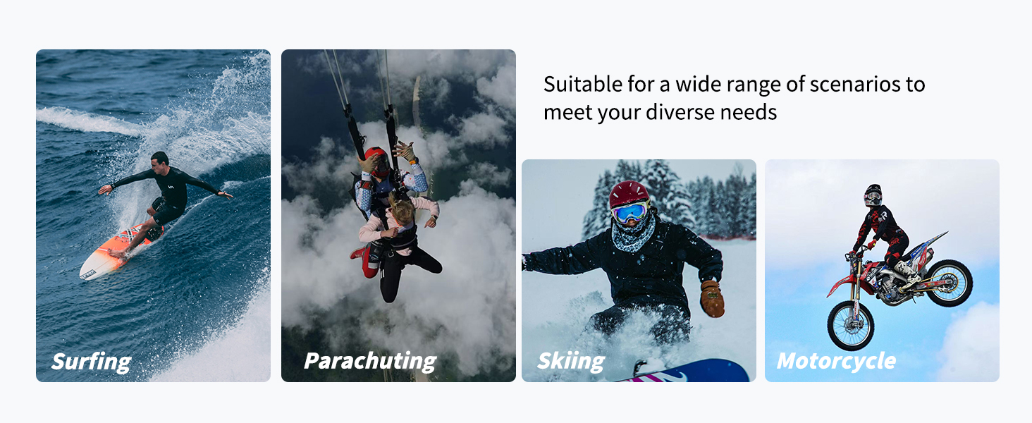 Four action sports images showing surfing, parachuting, skiing, and BMX biking activities, arranged horizontally with text overlay.